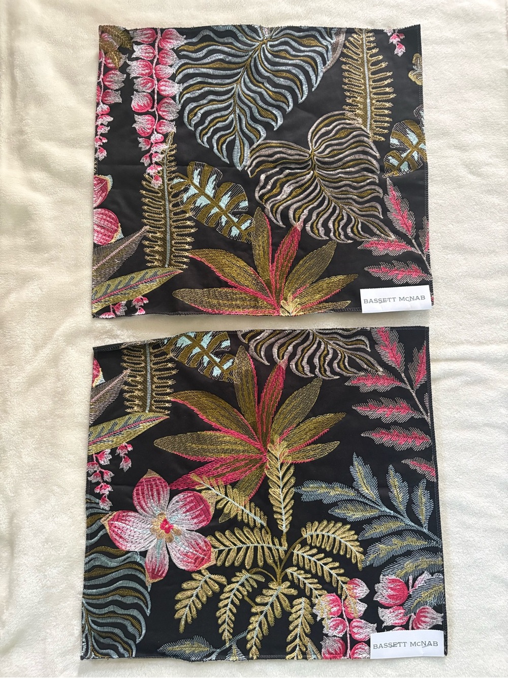 Bassett McNab Tropical Embroidered Black Cotton Fabric Set 2 pcs 17” x 15”